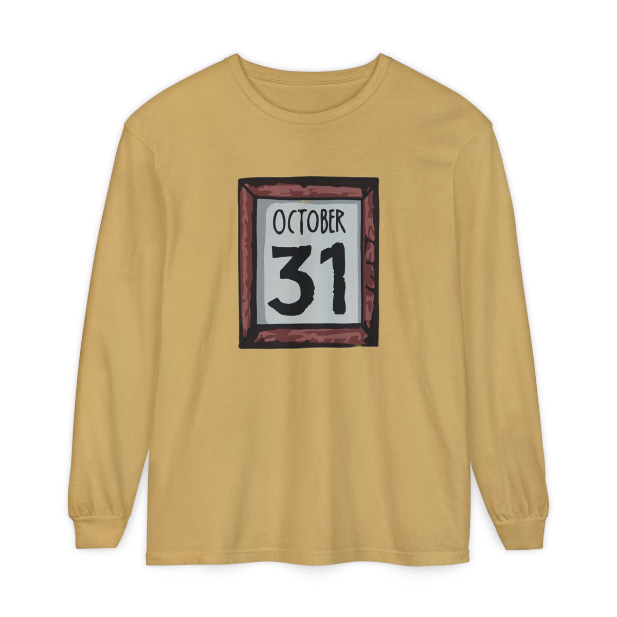 A long-sleeve crewneck t-shirt in mustard yellow, featuring a graphic print of a calendar page turned to the 31st of October inside a textured frame.