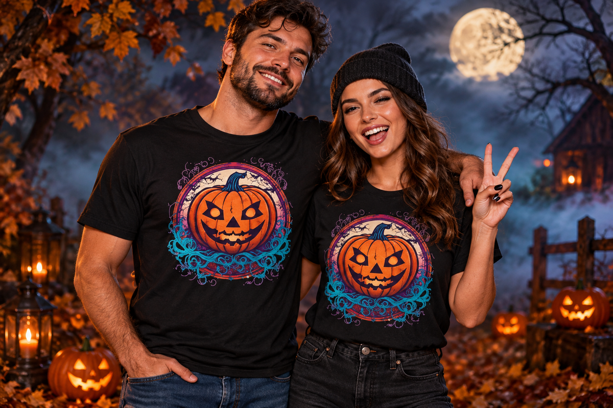 Man and woman wearing Halloween Jack-O-Lantern Heavy Cotton Tee in a spooky autumn Halloween setting